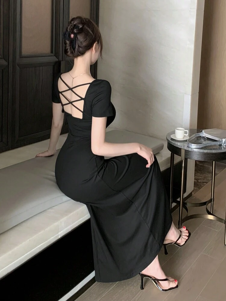 Women's Cross Back Short Sleeve Dress Elegant Sundress