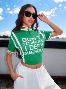 SHEIN EZwear 女款彩虹條紋字母印花t恤,編織細節設計