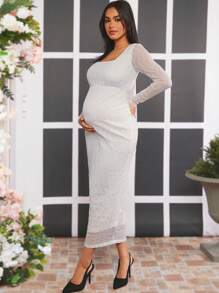 SHEIN Maternity Square Neckline Long Sleeve Bodycon Dress - White - View 5