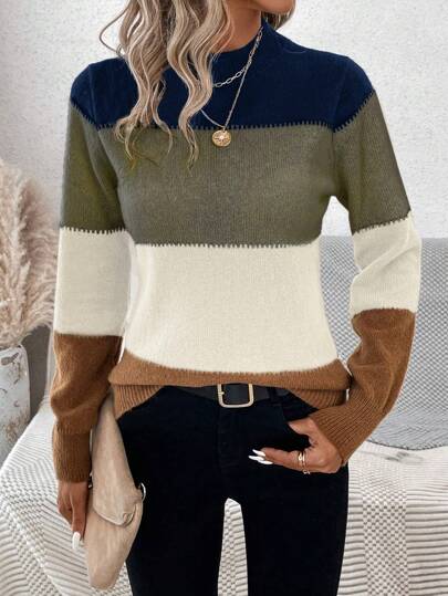 SHEIN LUNE Women's Color Block Round Neck Comfortable Warm Pullover Sweater With Patchwork For Autumn And Winter