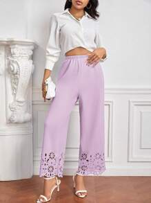 SHEIN Privé Pantalones Para Mujer Con Cintura Elástica De Ajuste Holgado, Con Estampado Floral Y Dobladillo Con Volantes. - Púrpura malva - Ver 5