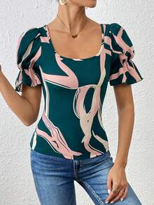SHEIN Privé Của phụ nữ Xù Hoa Sen Pháo sáng Bong bóng Ngắn tay Áo thun - màu xanh lá - Xem 4