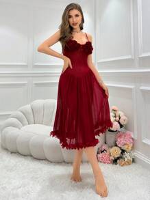 Camisón sexy de noche de malla transparente con adorno de pétalos - Burdeos - Ver 5