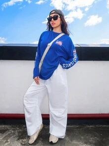 SHEIN EZwear Usa Flag & Letter Printed T-Shirt - Royal Blue - View 4