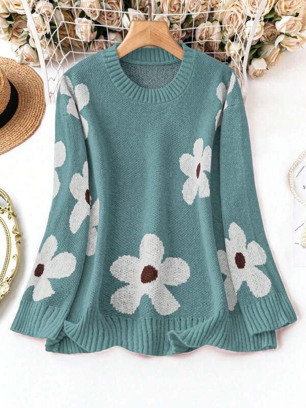 SHEIN LUNE Plus Size Floral Printed Long Sleeve Sweater Pullover