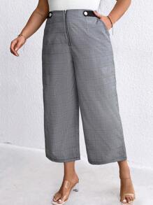 SHEIN LUNE Plus Size Women's Zipper Fly Plaid Checked Pants - Grey - View 1