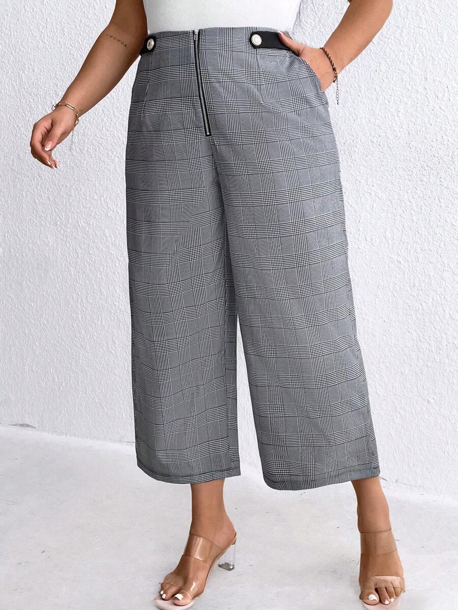 SHEIN LUNE Plus Size Women's Zipper Fly Plaid Checked Pants - Grey - View 1