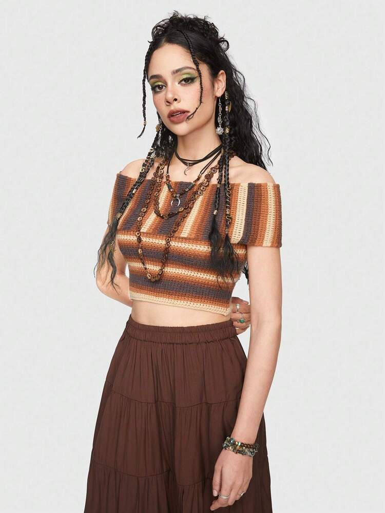 Bohemian Style Women's Open Shoulder Knitted Top With Colorful Stripes