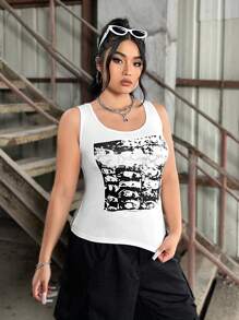 SHEIN EZwear Camiseta Sin Mangas Estampada De Talla Grande