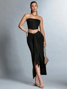 SHEIN BAE 女士不对称下摆抹胸和褶皱开叉大腿裙套装 - 黑色 - 查看 1