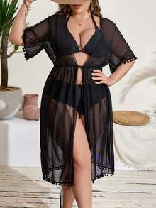 SHEIN Swim Curve Kích thước lớn Quả bóng lông Cắt tỉa Eo dây rút Váy kimono Liên hoan âm nhạc - màu đen - Xem 4