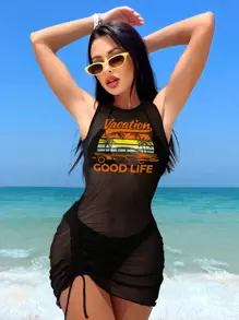 Swim Vcay Của phụ nữ Lá thư & bản in cây cọ Halter Neck Bộ Bikini Liên hoan âm nhạc - màu đen - Xem 1