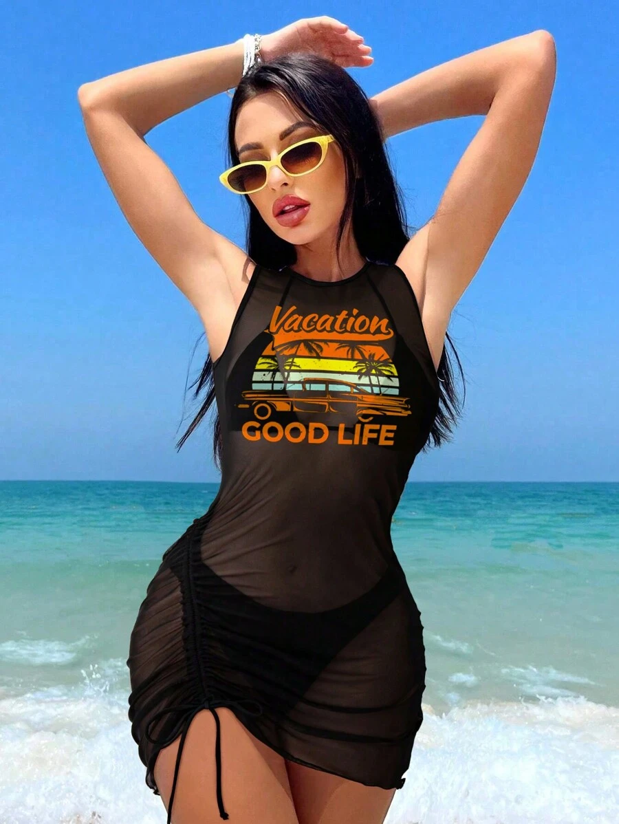 Swim Vcay Của phụ nữ Lá thư & bản in cây cọ Halter Neck Bộ Bikini Liên hoan âm nhạc - màu đen - Xem 1