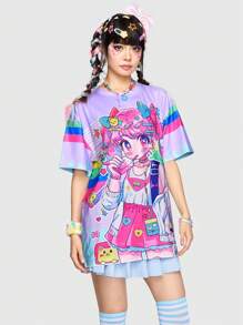 ROMWE Anime Camiseta con estampado de personajes de dibujos animados coloridos y adorables, de talla grande, para señoras, escuela