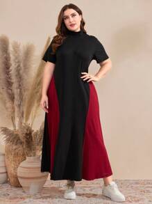 Modelyn Plus Size Color-Block Stand Collar Dress Maxi Women Outfit - Multicolor - View 6