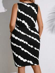 EMERY ROSE 夏季大码撞色条纹腰部收腰无袖连衣裙 - 黑與白 - 查看 2