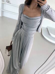 DAZY Women'S Short Jacket, Pleated Camisole Top And Wide Leg Pants 2pcs Outfit Set Lounge Sets For Women - Grey - View 4