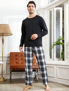 男士纯色 T 恤和格子裤睡衣套装 / 睡衣套装 - 黑與白 - 查看 3
