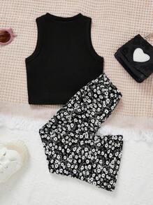 SHEIN Leap Crew Young Girl Ribbed Tank Top & Flower Printed Pants Set - Black - View 2