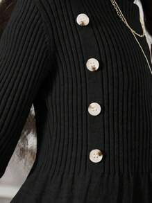 SHEIN 青少年女孩運動風立領毛衣連衣裙，長袖 - 黑色 - 查看 5