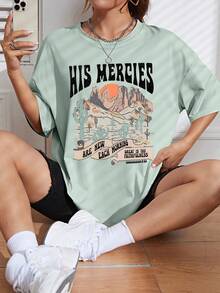 SHEIN EZwear 圖案印花下垂肩t恤 - 咖啡棕 - 查看 6