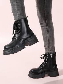 女士新款春秋黑色時尚、舒適、優雅的踝靴和短靴,側邊拉鍊細節,圓頭設計,厚實大底 - 黑色 - 查看 5