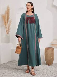 Al Najma Vestido Geométrico Y Trenzado Para Mujer Decorado Con Borde De Borlas Estilo Árabe - Multicolor - Ver 3