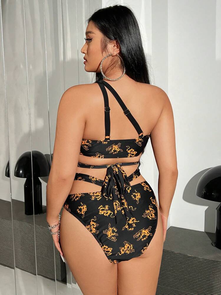 Plus Size One Shoulder Hollow Out Detail Bikini Swimwear Set Summer