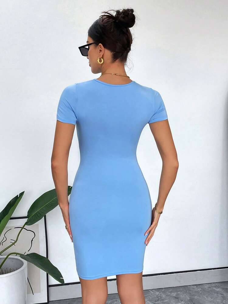 Women'S Casual Baby Blue Adjustable Drawstring Ruched Front Design Dress Wedding Season