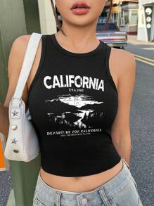 SHEIN EZwear Casual California Scenery Printed Crop Top Slim Fit Sleeveless Tank Top For Women Summer Back To School - Black - View 3