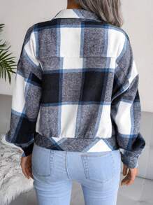Women Fall Winter Wool Blend Checkered Lapel Jacket Coat Long Sleeve Button Front Mock Pockets Vacation Essential - Navy Blue - View 2