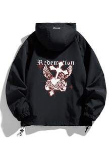 Men's Casual Printed Outdoor Windproof Jacket - Black - View 2