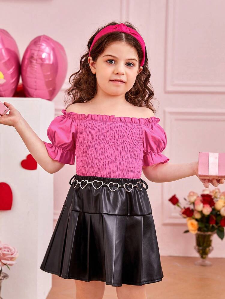 Toddler Girls' Off Shoulder Puff Sleeve Top With Ruffle Hem, Faux Leather Belt, And Skirt Two Piece Set