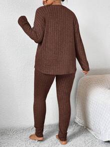 SHEIN CURVE+ 2 件套女士加大码纯色纹理面料休闲风格圆领长袖 T 恤和紧身裤，秋季服装 - 摩卡棕 - 查看 2