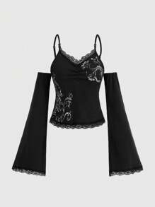 ROMWE Fairycore Của phụ nữ Đen Ren & Bằng gỗ Hạt Off-shoulder Tay áo loe Áo - màu đen - Xem 1