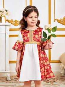 SHEIN Leap Crew Young Girl Casual Geometric Print Contrast Color Spliced Ribbon Decor Round Neck Dress - Red - View 3