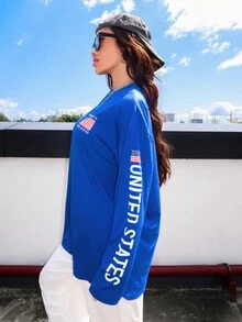 SHEIN EZwear Usa Flag & Letter Printed T-Shirt - Royal Blue - View 5