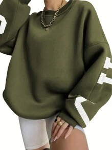 SHEIN EZwear Plus Size Women's Letter Print Drop Shoulder Long Sleeve Sweatshirt - Army Green - View 3