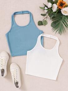 SHEIN Teen Girls' Ribbed Knit Halter Tight Crop Top With Open Back Two Piece Set - Multicolor - View 1