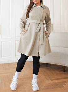 SHEIN EZwear 女式大尺碼翻領束帶夾克 - 杏色 - 查看 1