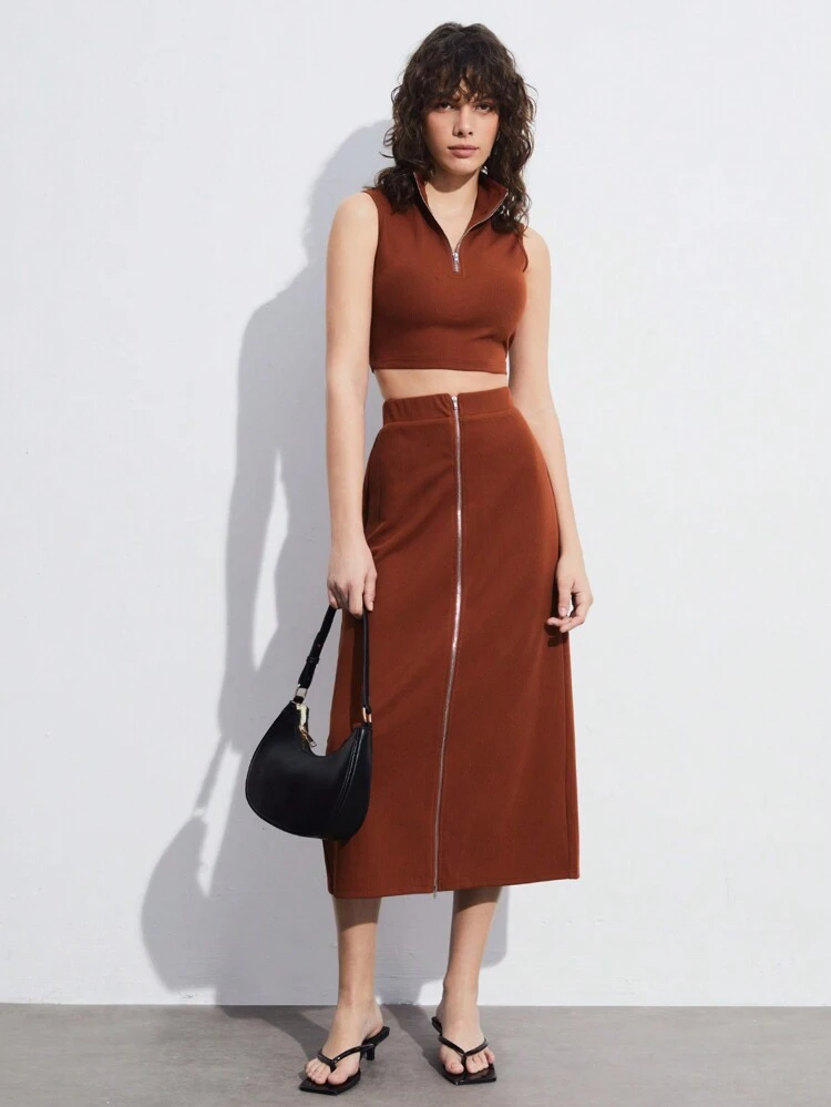 2pcs/Set Women's Summer Elastic Knit Zip Front Sleeveless Top And Front Zipper A-Line Skirt Set