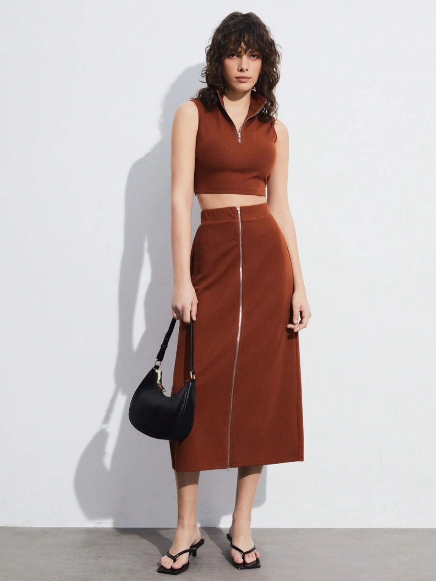 Maija 2pcs/Set Women's Summer Elastic Knit Zip Front Sleeveless Top And Front Zipper A-Line Mini Skirt Set - Rust Brown - View 1