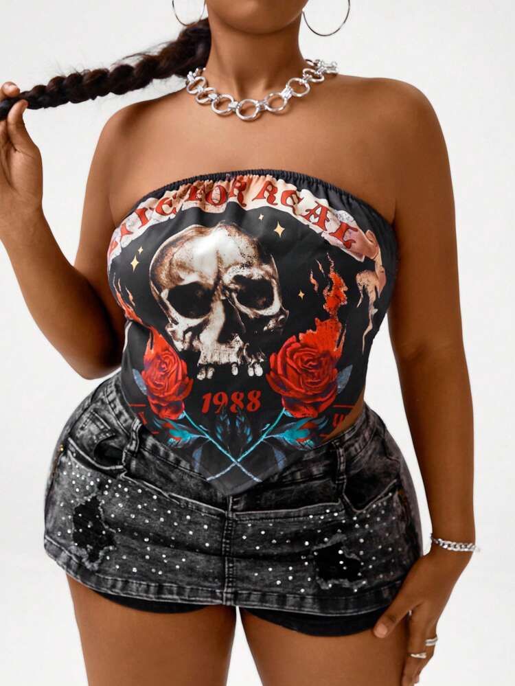 Plus Size Women'S Letter & Skull Print Tube Top