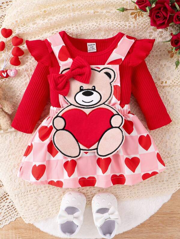 SHEIN Baby Girls' Ribbed Long Sleeve T-Shirt And Bear Embroidered Suspender Skirt Set
