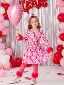Young Girls Heart Printed Mesh Contrast Dress With Leggings, 2pcs/Set - Hot Pink - View 5