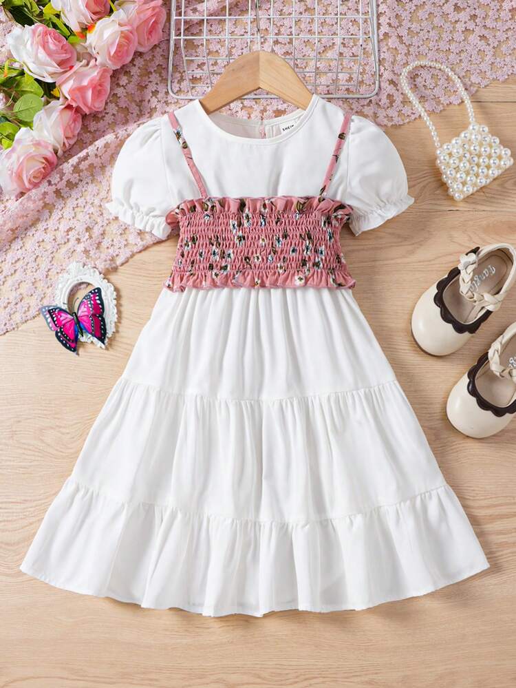 Little Girls Floral Print Set, Including A Vest Top With Shirred Spaghetti Straps And A Round-Necked Top+Puff Sleeves+Lotus Leaf Skirt