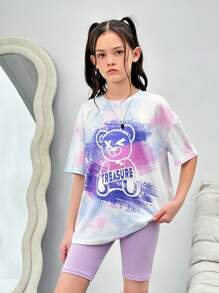 SHEIN Tween Girls' Daily Street Fashion Knitted Tie Dye Round Neck Short Sleeve T-Shirt And Leggings Shorts Set For Spring/Summer