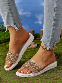Women'S Rhinestone & Sequin Decor Comfy Lightweight Flat Sandals With Style T-Strap, Summer, Random Color - Brown - View 5