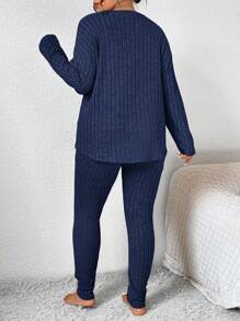 SHEIN Frenchy 大尺碼女款純色粒面布料家居服風格羅紋長袖 T 恤和褲子套裝 - 寶藍色 - 查看 2
