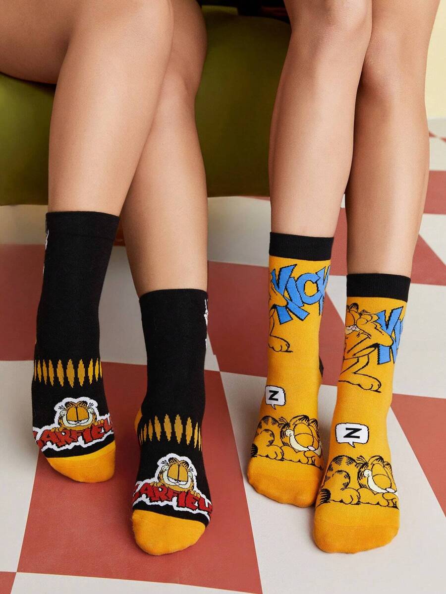 GARFIELD | SHEIN 2pcs/Set Funny Cartoon Pattern Cotton Breathable Moisture Wicking Mid-Calf Socks For Men & Women